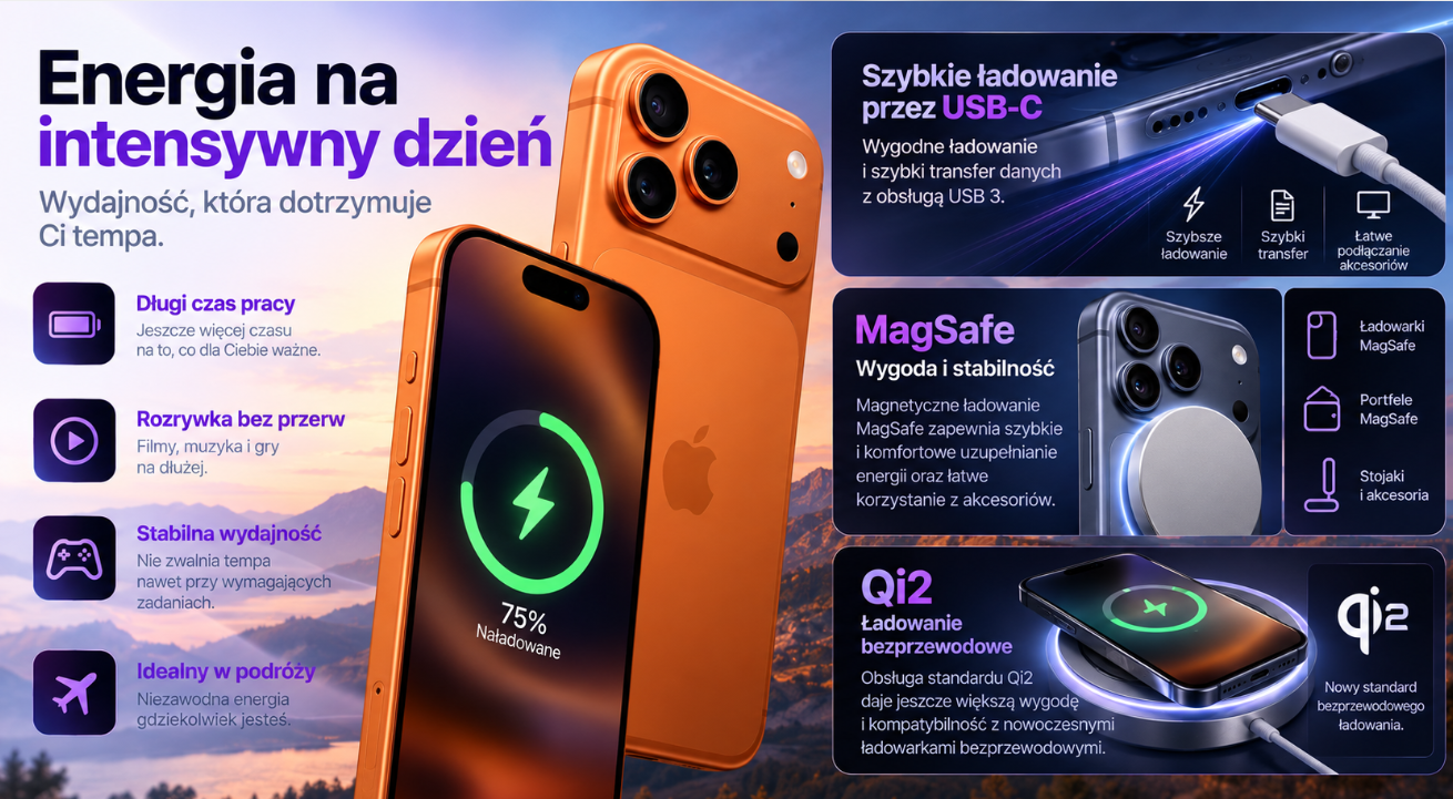 Apple iPhone 17 Pro – wydajna bateria i wygodne ładowanie MagSafe